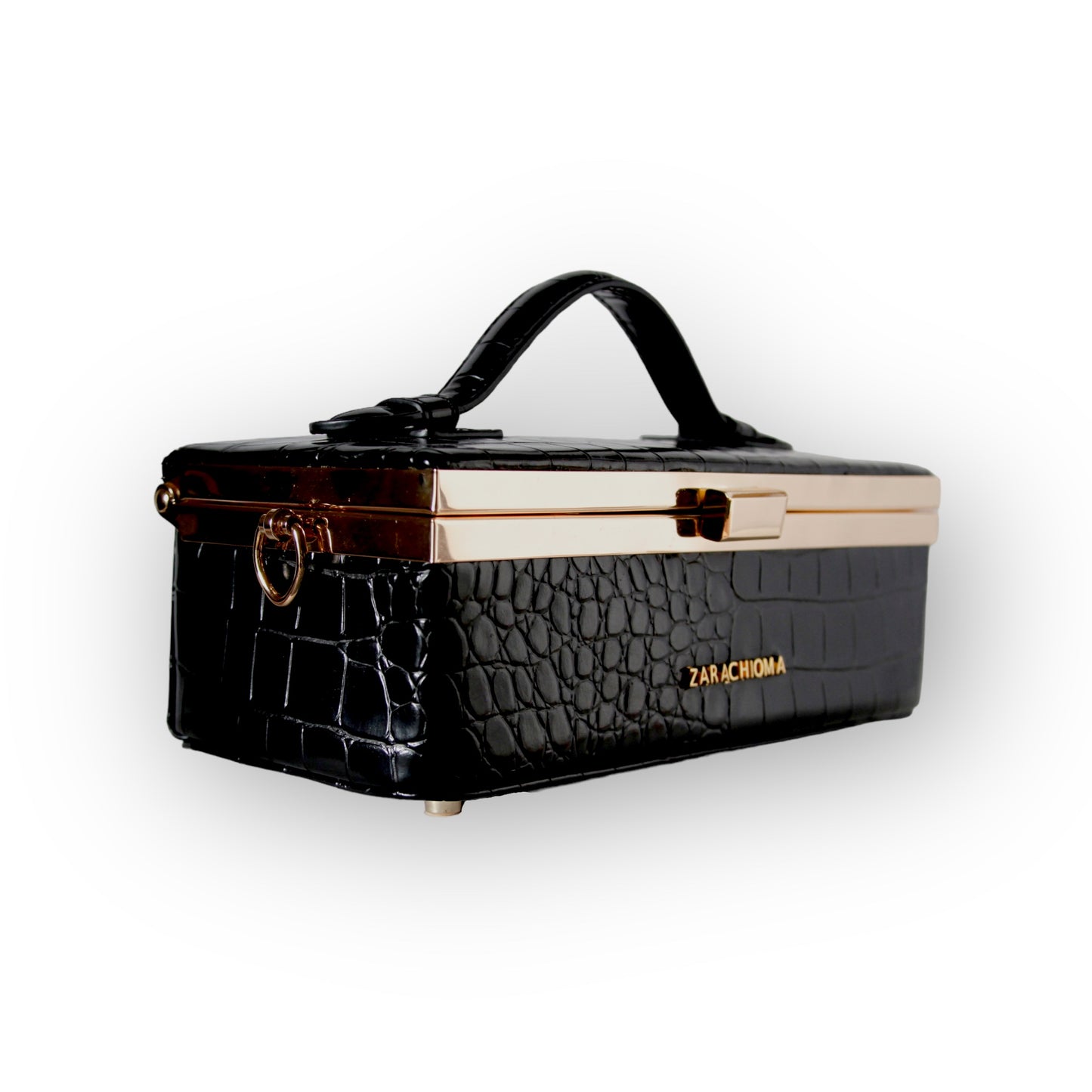 Zuri top handle mini bag with gold clasp in Matte Black Croc