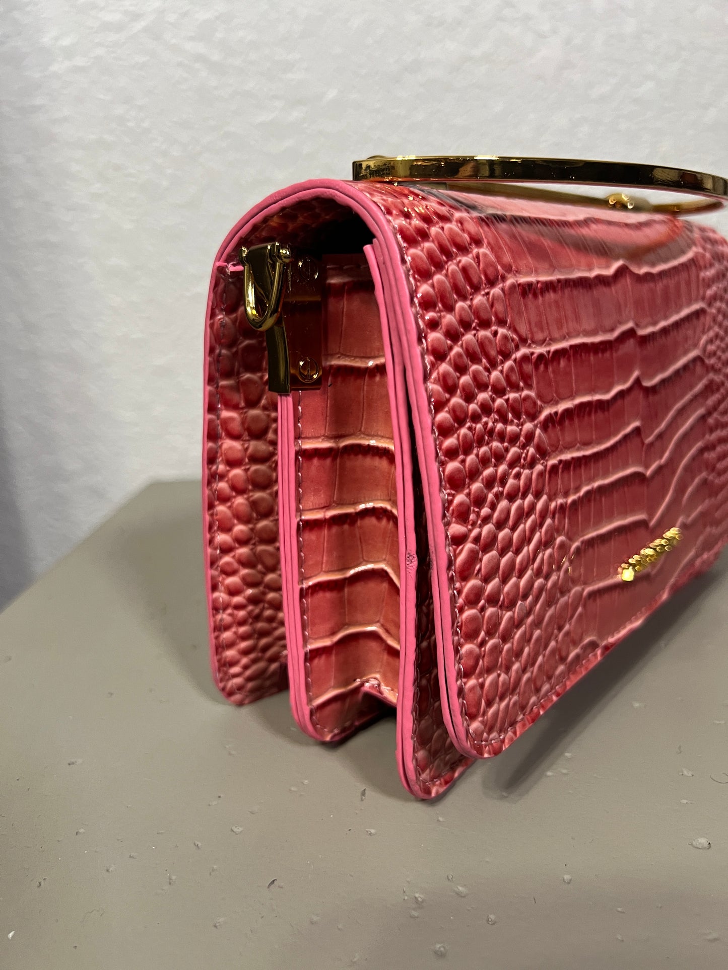 SAMPLE SALE Winnie Mini Front Flap Top Handle bag in Pink Croc