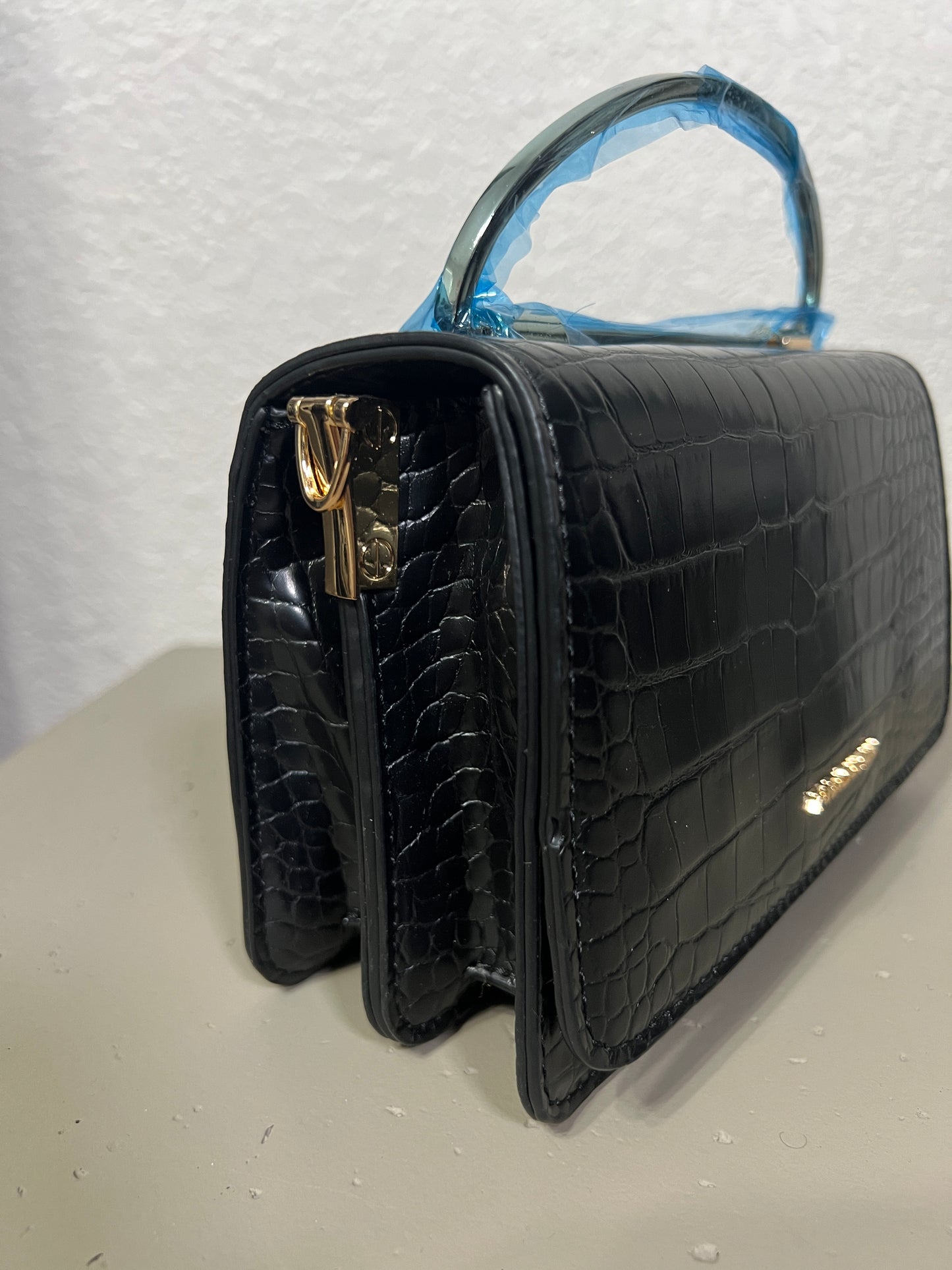 SAMPLE SALE Winnie Mini Front Flap Top Handle bag in Matte Black Croc