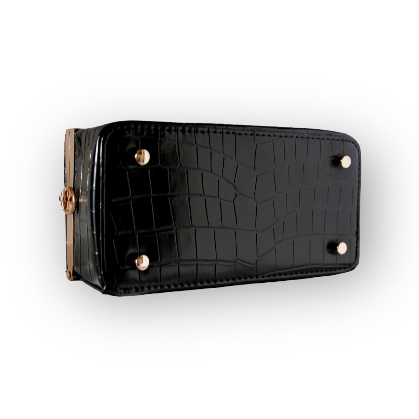 Zuri top handle mini bag with gold clasp in Matte Black Croc