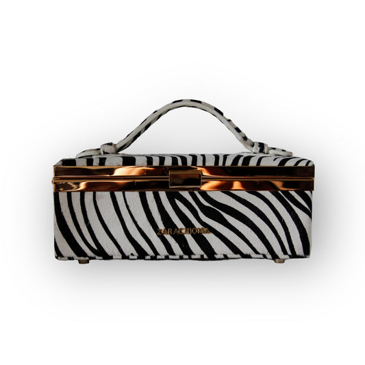 Zuri top handle mini bag with gold clasp in Zebra print genuine Pony Hair