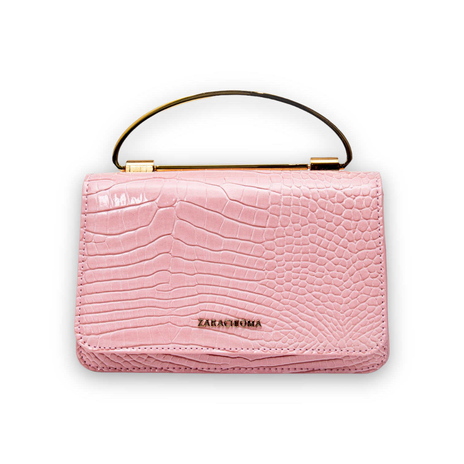bubble gum pink croc embossed top handle mini hand bag
