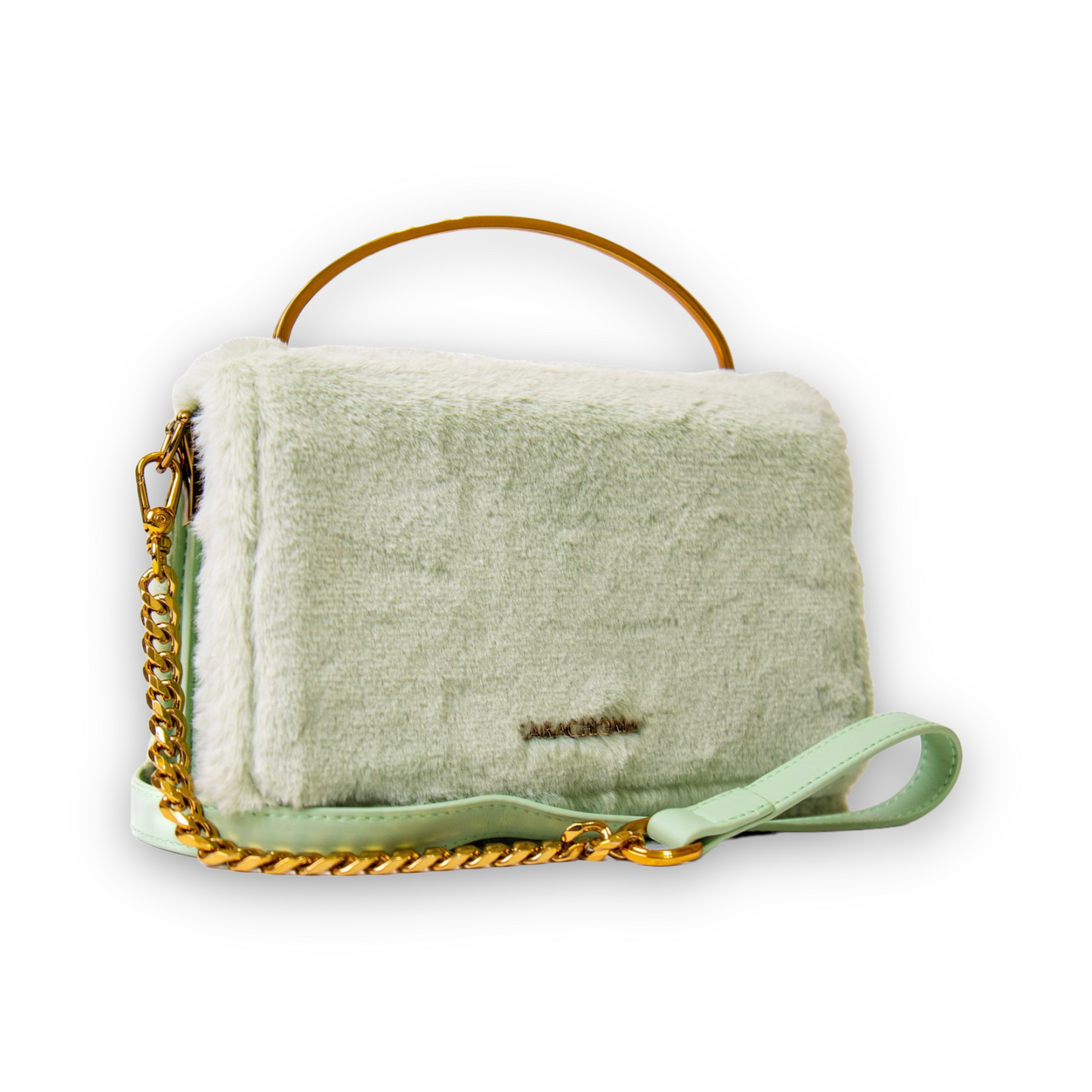 Winnie Mini Front Flap Top Handle bag in Seafoam green mint rabbit fur